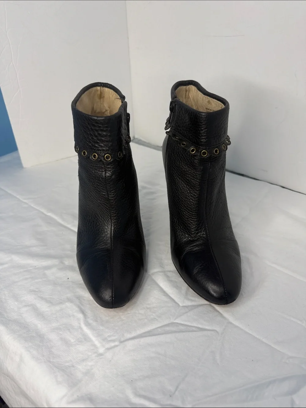 Black Leather Ankle Boots with Grommet Detail